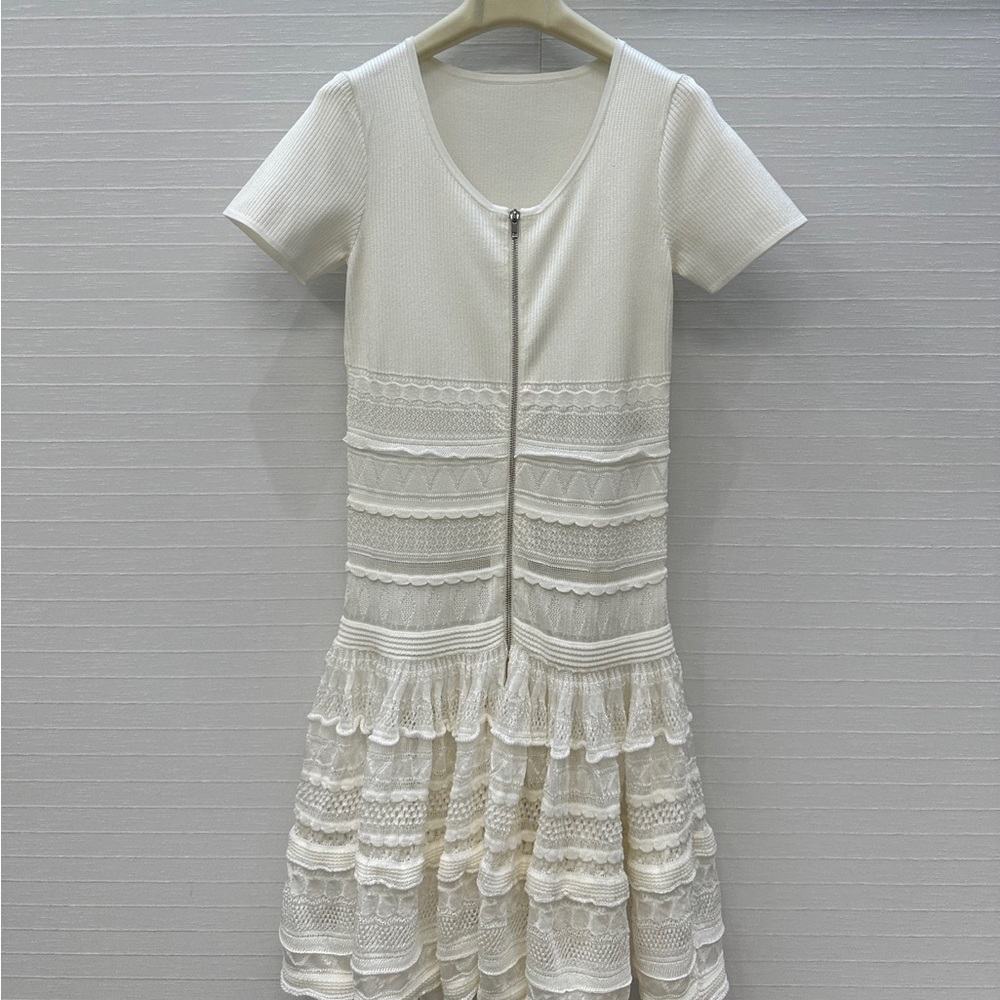 Alaia Cream Lace Tiered Zip-Front Dress